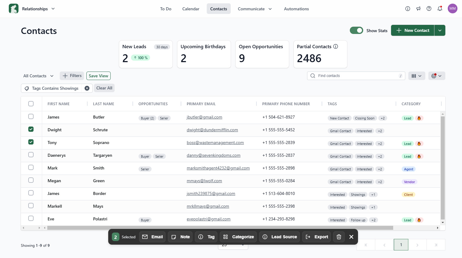 Lone Wolf Relationships contacts dashboard.